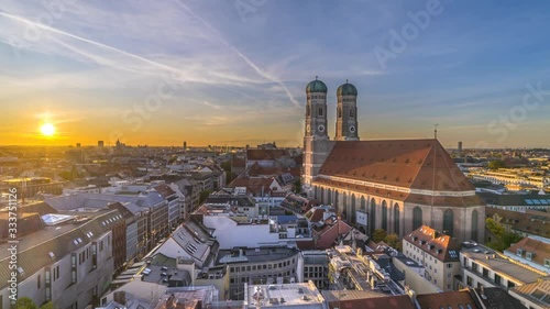 Munich skyline aerial view of marienplatz square church new town hall in city centre old town from above sunset sky. photo