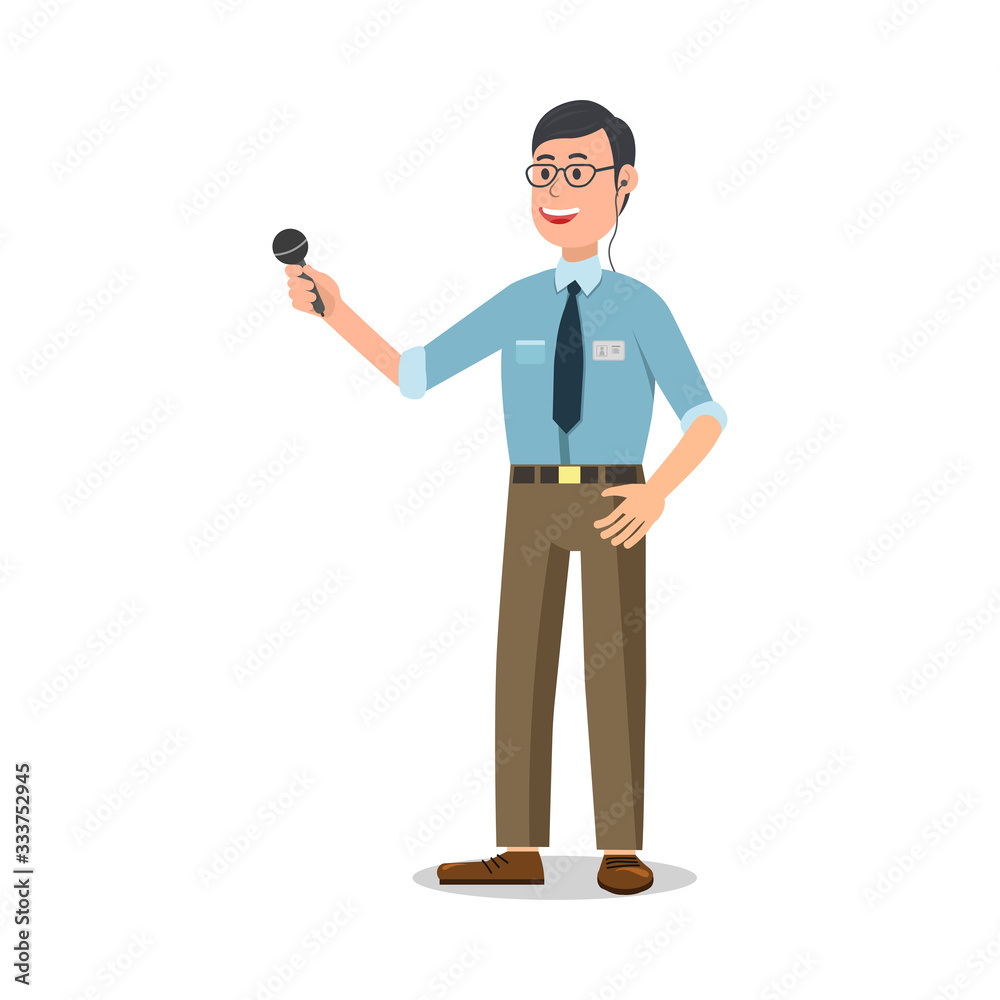 Reporter with Microphone. Man in Shirt and Tie. Television Studies Report. White Background. Television and Technology. Direct Reporting. Television Industry. Microphone in Hand. Vector Illustration. Reporter with Microphone. Man in Shirt and Tie. Television Studies Report. White Background. Television and Technology. Direct Reporting. Television Industry. Microphone in Hand. Vector Illustration.