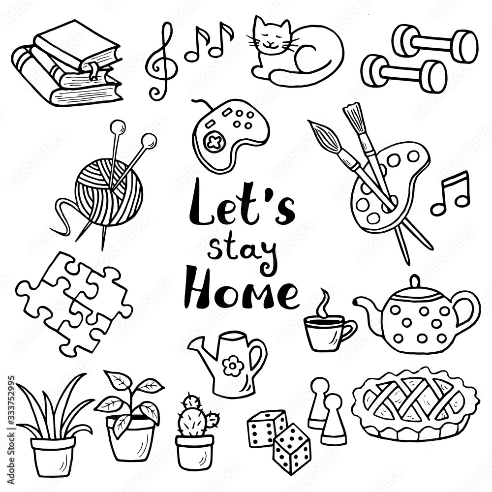 A set of hand-drawn doodle home activities, hobbies, coloring page ...