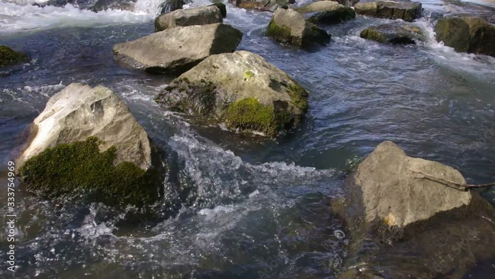 a stream of water flows along a river with stones a stream of water flows along a river with stones