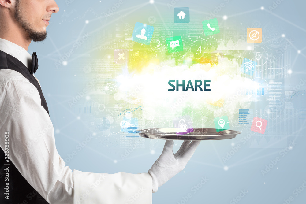 Waiter serving social networking concept with SHARE inscription Waiter serving social networking concept with SHARE inscription