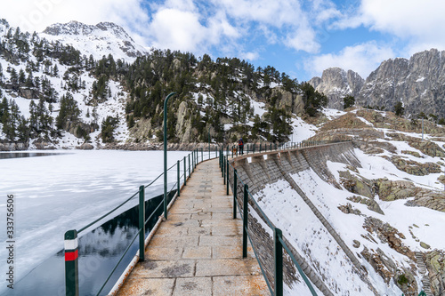 Restance lake and refuge in National Park of Aigüestortes and lake of Sant Maurici.