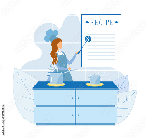 Faceless Cartoon Female Chef Character in Uniform, Hat and Apron Using Recipe for Cooking. Culinary Courses. Restaurant and Cafe Cook. Flat Kitchen Interior. Vector Cutout Illustration. Foliage Design