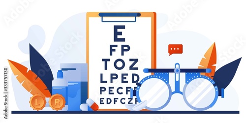 Ophthalmology concept. Ophthalmologist female doctor eyesight check up. Vison test medical concept with glasses, eye examination, eye drop, chart, lens with case. For banner, website design or landing
