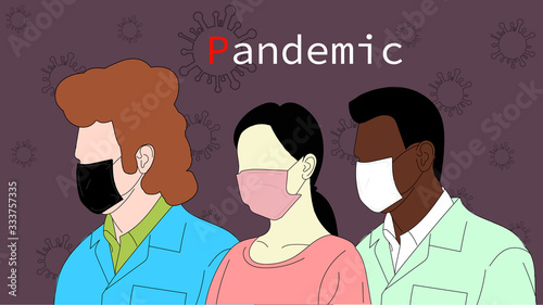 The pandemic is multinational. People of different nationalities in masks.