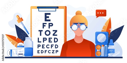 Patient doing eye test. Eye tests and prescription glasses. Ophthalmology concept banner, infographics, website. Ophthalmologic office with lens, drops, eye chart. Ophthalmological correction clinic