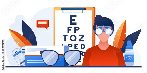 Patient doing eye test. Eye tests and prescription glasses. Ophthalmology concept banner, infographics, website. Ophthalmologic office with lens, drops, eye chart. Ophthalmological correction clinic