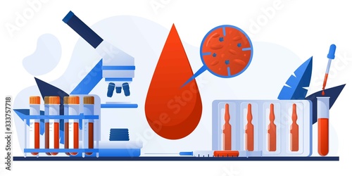 Medical diagnostic concept. Lab research. Patient blood in test tubes. Banner, flyer, landing page template. Exam checklist blank document. Laboratory glassware and tests composition with microscope