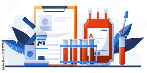 Human blood in donation bag. Blood clinical laboratory analysis. Patient blood in test tubes. Banner, flyer, landing page template. Woman doctor assistance, microscope, medical office, laboratory