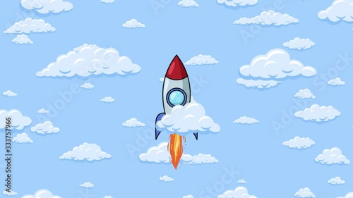 Cartoon rocket flying up around on blue sky with fluffy clouds background. Seamless looping animation.