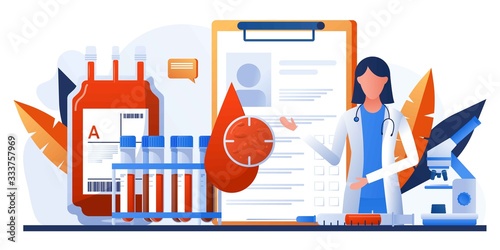 Human blood in donation bag. Blood clinical laboratory analysis. Patient blood in test tubes. Banner, flyer, landing page template. Woman doctor assistance, microscope, medical office, laboratory