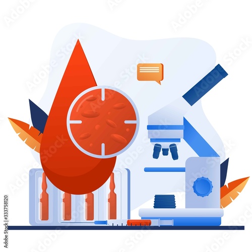 Medical diagnostic concept. Lab research. Patient blood in test tubes. Banner, flyer, landing page template. Exam checklist blank document. Laboratory glassware and tests composition with microscope