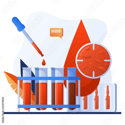 Medical diagnostic concept. Lab research. Patient blood in test tubes. Banner, flyer, landing page template. Exam checklist blank document. Laboratory glassware and tests composition with microscope