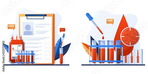 Medical diagnostic concept. Lab research. Patient blood in test tubes. Banner, flyer, landing page template. Exam checklist blank document. Laboratory glassware and tests composition with microscope