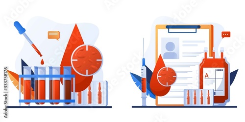 Medical diagnostic concept. Lab research. Patient blood in test tubes. Banner, flyer, landing page template. Exam checklist blank document. Laboratory glassware and tests composition with microscope