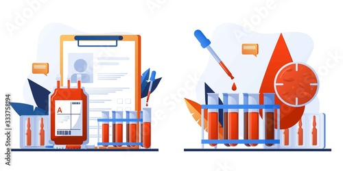 Medical diagnostic concept. Lab research. Patient blood in test tubes. Banner, flyer, landing page template. Exam checklist blank document. Laboratory glassware and tests composition with microscope