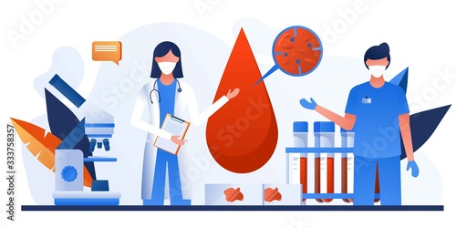 Epidemic MERS-CoV virus 2019-nCoV. Doctors wearing mask and talking about corona outbreak. Prevent virus spreading. Viral pandemic. Online doctor. Vector illustration. Medical care, telemedicine