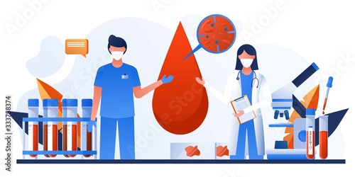 Epidemic MERS-CoV virus 2019-nCoV. Doctors wearing mask and talking about corona outbreak. Prevent virus spreading. Viral pandemic. Online doctor. Vector illustration. Medical care, telemedicine