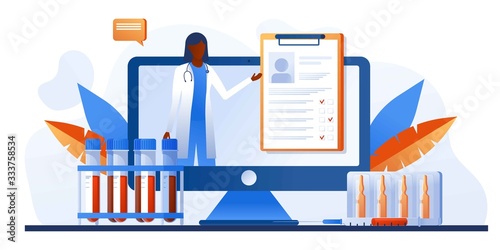 Epidemic virus 2019-nCoV. Doctors wearing mask and talking about corona outbreak. Prevent virus spreading. Viral pandemic. Online doctor on computer screen talking Medical care, telemedicine