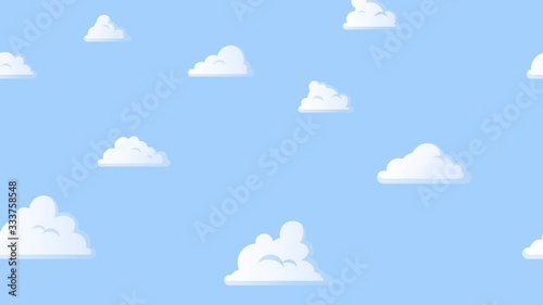 Cartoon clouds floating on the blue sky background. Seamless looping animation.