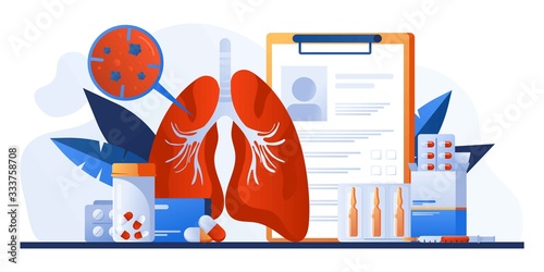 Pulmonology of human lung for website, banner. Fibrosis, tuberculosis, pneumonia, cancer, lung diagnosis doctors treat, scan lungs. Stethoscope, pharmacy, drugs. Virus in lung. Coronavirus, COVID-19.