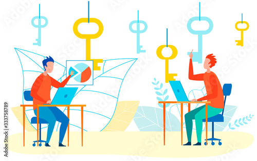 Marketers analyzing statistics vector concept. Male Analyst Creating Pie Chart with Useful Data. Discussion of Key Points in Business and Corporate Affairs. Casual Office Atmosphere