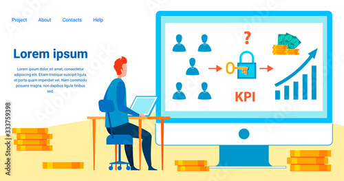 KPI Analysis Flat Vector Landing Page Template. Cartoon Top Manager Analysing Workers Efficiency. Correlation of Employees Performance and Income, Profit Growth. Consulting Agency Webpage Layout