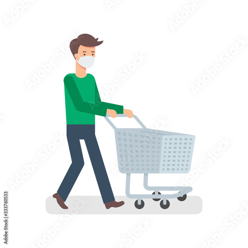 A man wearing face mask with empty trolley illustration