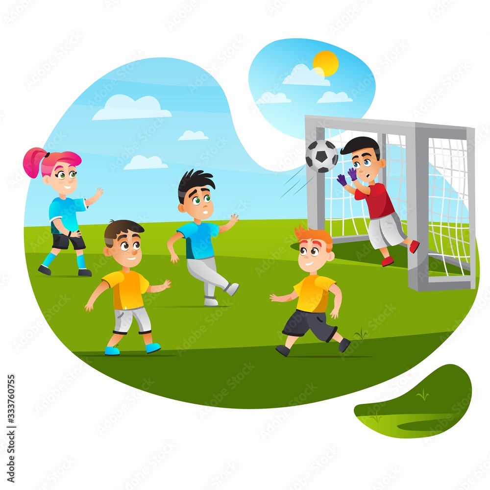 Cartoon Kid Play Football Game Vector Illustration. Boy Goalkeeper Save Goal Catch Ball. Mixed Team Boy Kick Girl Run. Soccer Match Competition on Green Grass Field. Sport Training Childhdren