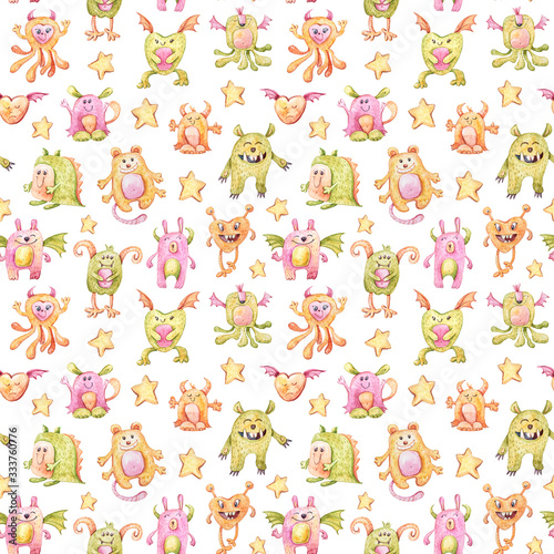 Fototapeta Naklejka Na Ścianę i Meble -  Watercolor hand painted cute cartoon monsters clipart. Seamless pattern isolated on white background. Can be used for patterns, design greeting cards for holiday, birthday, invitations, poster, print
