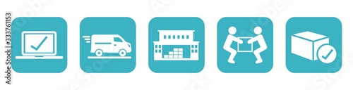 package tracking online purchase, web vector icons, blue and white colors, buttons