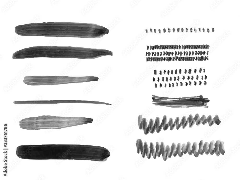 Vector set with grunge brush strokes isolated on white/ Hand drawn monochrome texture/ Design elements Vector set with grunge brush strokes isolated on white/ Hand drawn monochrome texture/ Design elements