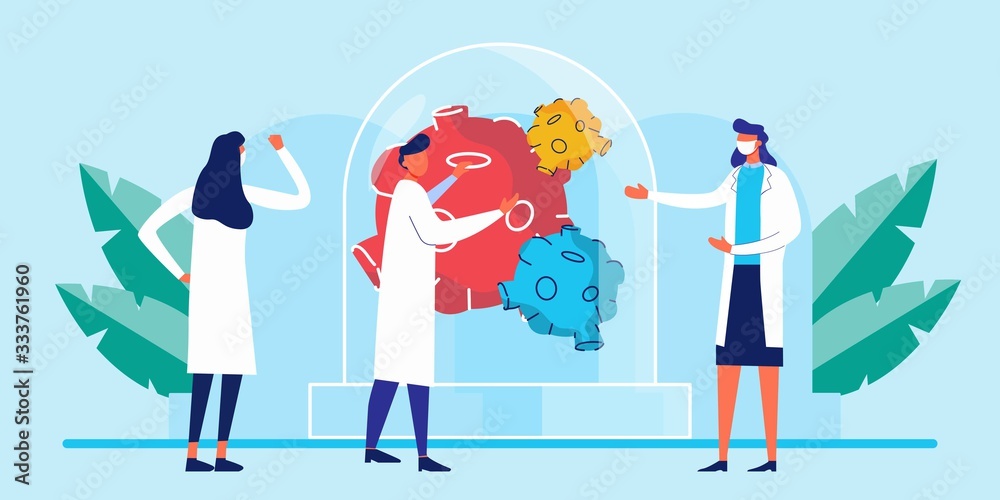 Epidemic MERS-CoV virus 2019-nCoV. Doctors wearing mask and talking about corona outbreak. Prevent virus spreading. Viral pandemic. Online doctor. Vector medical illustration. Medical care, health