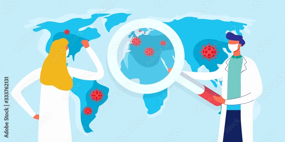 Epidemic MERS-CoV virus 2019-nCoV. World map with a doctor talking about corona outbreak. Prevent virus spreading. Viral pandemic. Online doctor. Vector medical illustration. Medical care, health