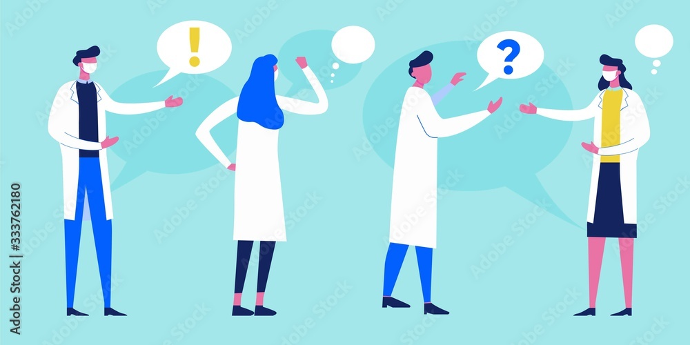 Patient and doctor with face mask talking, examination and check up. Medical care vector illustration. Diagnosis and treatment of coronavirus. Healthcare concept banner. COVID-19 Vaccine treatment.