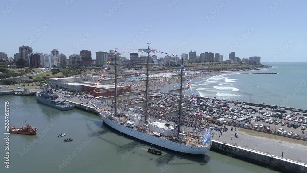 Aerial plan of freedom frigate arriving in port. Buenos Aires - Argentima. Aerial plan of freedom frigate arriving in port. Buenos Aires - Argentima.