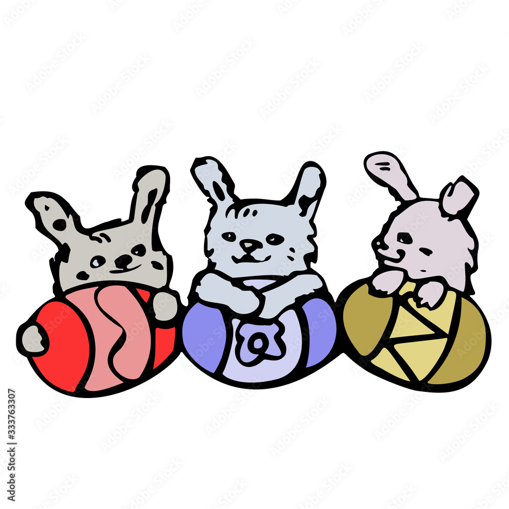 Easter composition. Three cute rabbits hold colored eggs. Vector illustration in cartoon style. Isolated on a white background. Easter composition. Three cute rabbits hold colored eggs. Vector illustration in cartoon style. Isolated on a white background.