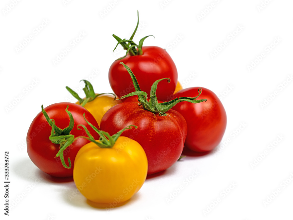 Gelbe und rote Tomaten vor weißem Hintergrund Gelbe und rote Tomaten vor weißem Hintergrund