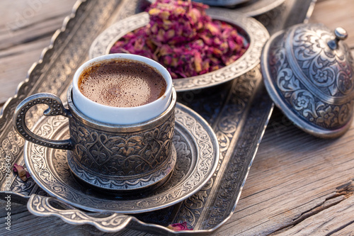 Traditional delicious Turkish coffee and Turkish rose dessert © Esin Deniz
