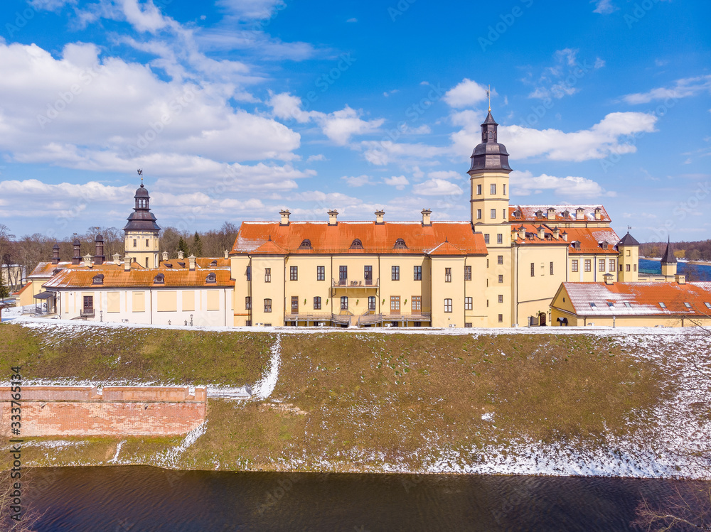 The view of Nesvizh Castle, Belarus. Drone aerial photo
