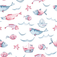 Papier peint photo Vagues de la mer patrons Bateaux poissons aquarelle peints main  © Tiana_Geo