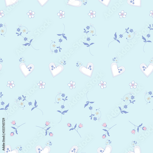Seamless Vector Pattern with hearts an small flowers for decoration, textile, print, stationery, wrapping paper 