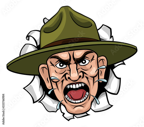 An angry army bootcamp drill sergeant soldier shouting cartoon