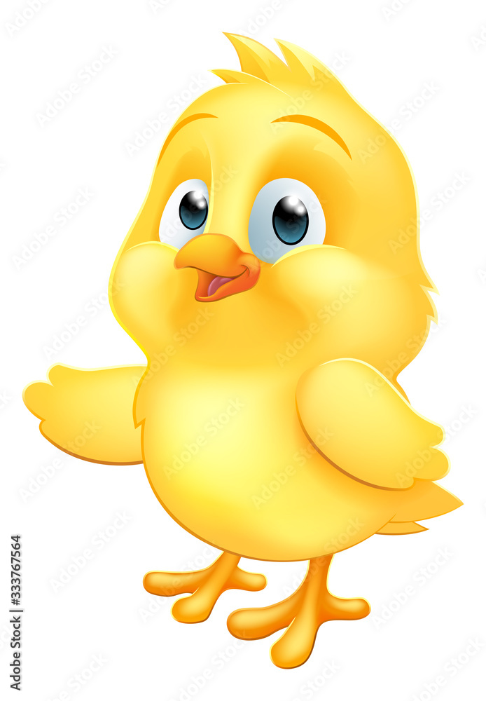 A cute chicken chick yellow baby bird cartoon mascot illustration pointing  with its wing Stock Vector | Adobe Stock