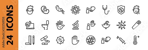 CORONAVIRUS a set of icons on the theme of Coronavirus, contains such icons as nucleation, hand washing, mask, bacteria, sneezing, Editable stroke, on a white background