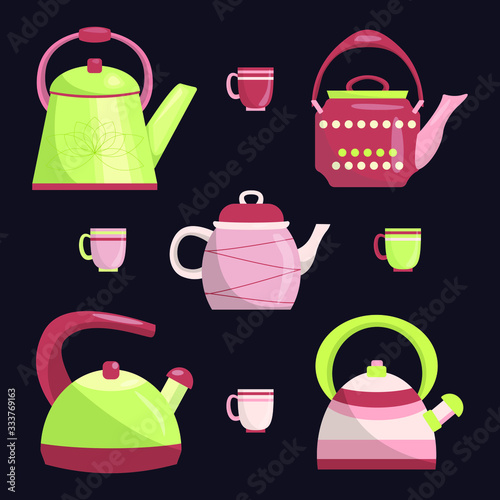 A set of five light pastel teapots and mugs is isolated on a dark background. Coffee pots and cups in flat style