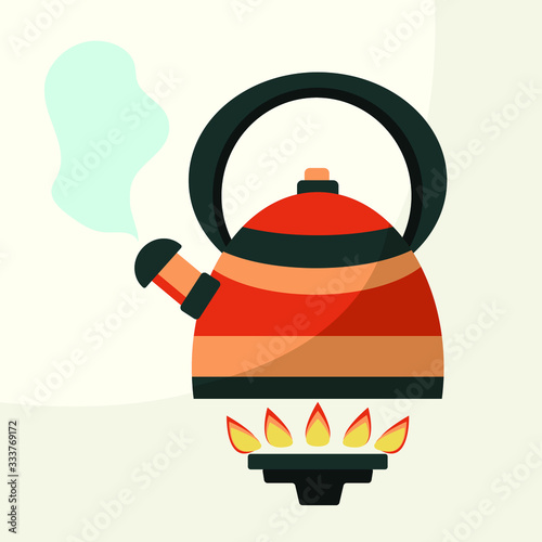 A modern bright striped orange teapot boils on a gas burner. Simple flat illustration isolated on a light background