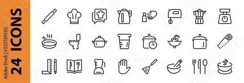 Set of icons for cooking and kitchen, vector lines, contains icons such as a knife, saucepan, boiling time, mixer, scales, recipe book. Editable stroke, perfect 480x480 pixels, white background