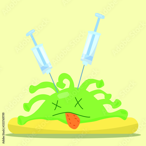 Cartoon illustration: syringes are inserted into a defeated green virus or bacterium.