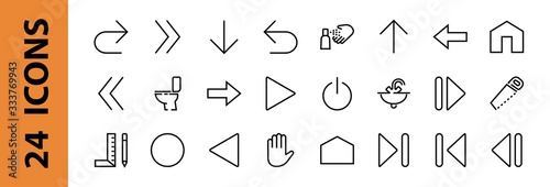 Set of line arrows, directions, arrows, contains icons such as pause, continuation, directly, to the right, Editable stroke. 480x480, On a white background, Vector illustration
